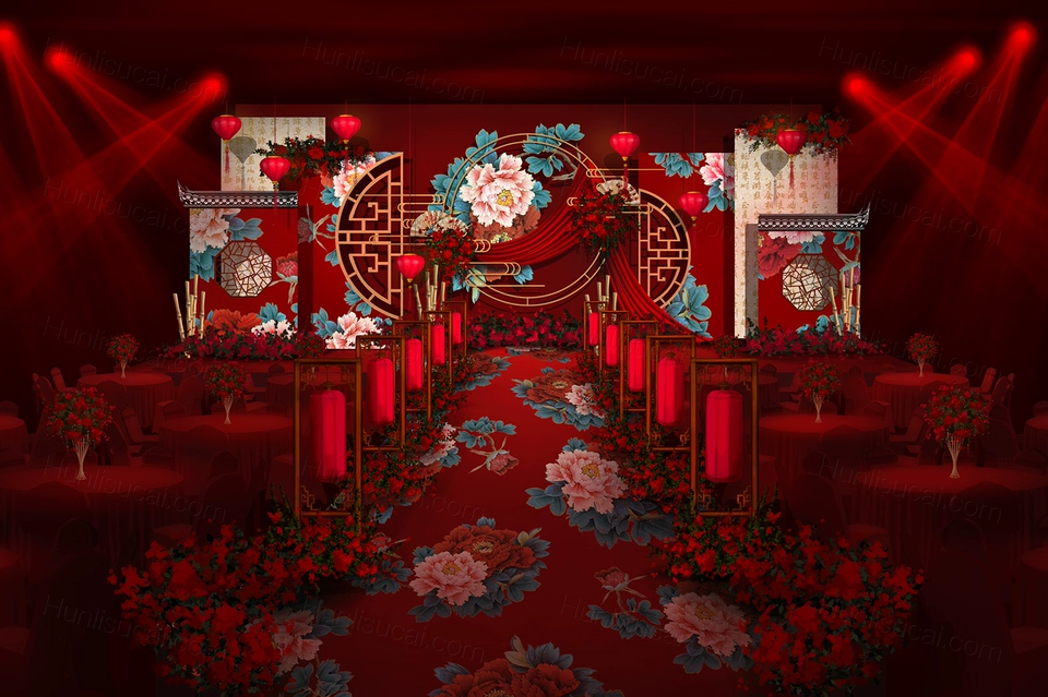 红色中式牡丹花喜庆高端婚礼设计婚庆手绘效果图背景方案素材-婚礼素材网