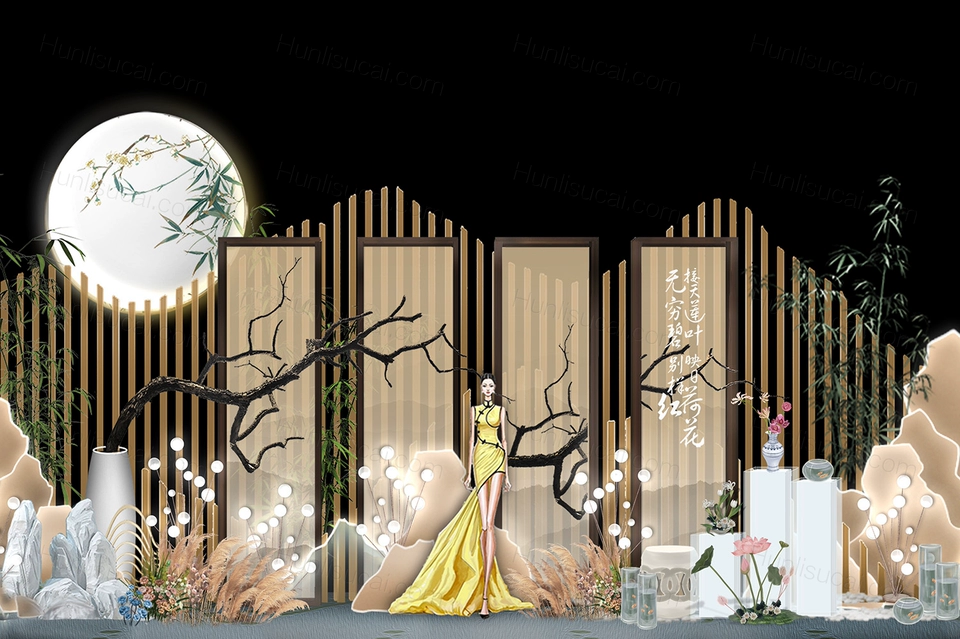 香槟色咖色新中式古典月亮假山国画背景婚礼设计效果图素材psd-婚礼素材网