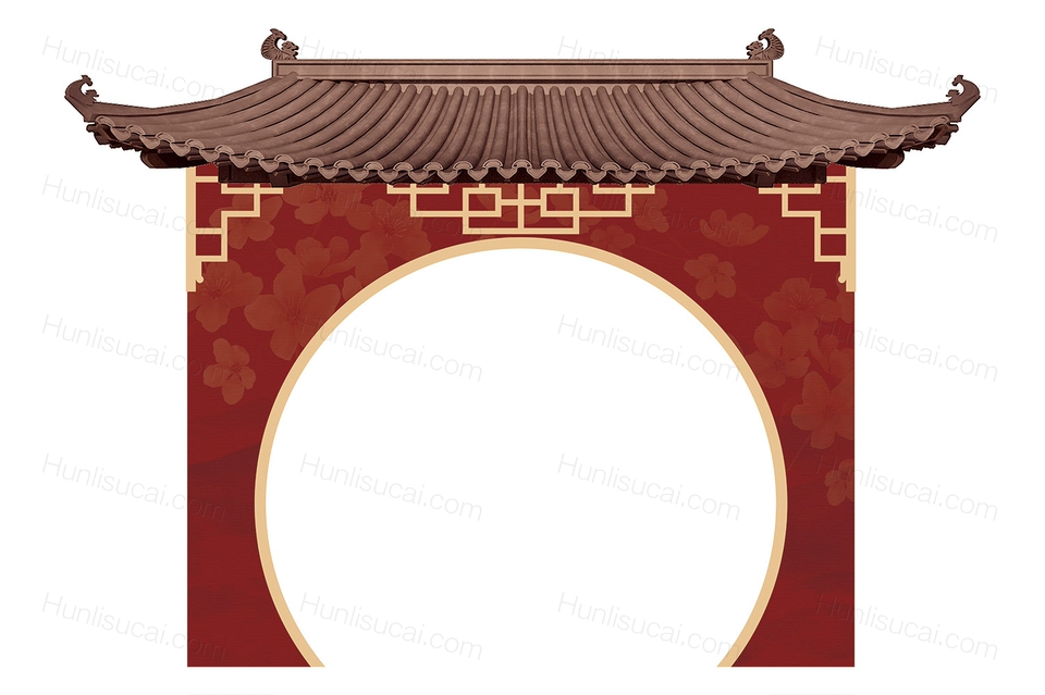 国潮红蓝cp色新中式婚礼背景psd源文件交接区屋檐素材效果图道具-婚礼素材网