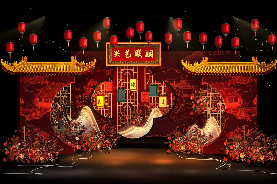 大红色古典中式高端龙凤屋檐传统图案婚礼设计效果图素材psd-婚礼素材网