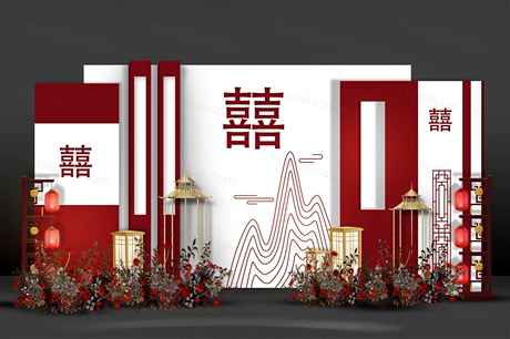 红白色INS简约侘寂风格新中式婚礼设计婚庆效果图素材psd-婚礼素材网