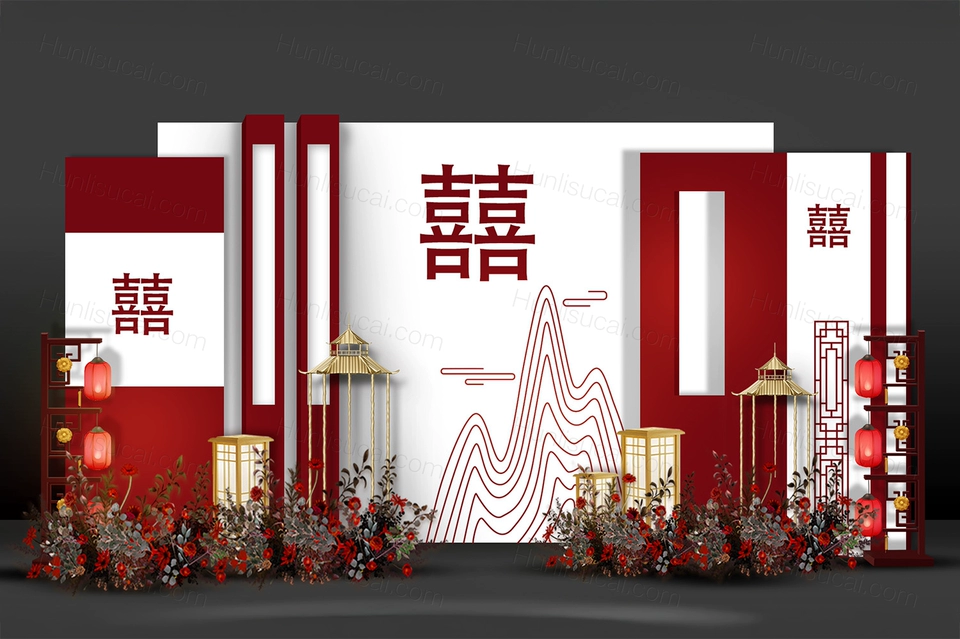 红白色INS简约侘寂风格新中式婚礼设计婚庆效果图素材psd-婚礼素材网