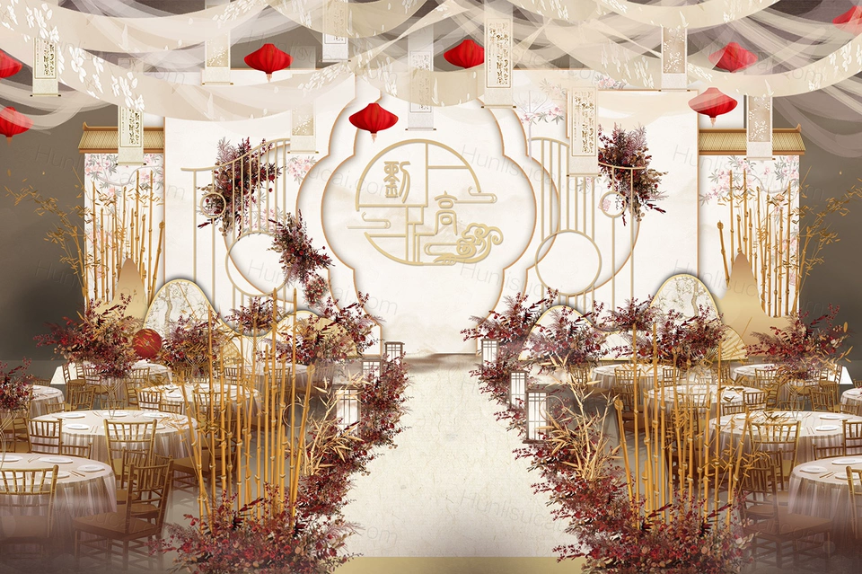 香槟色古典中式屋檐庭院风格婚礼设计舞台效果图背景素材psd-婚礼素材网