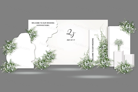 白绿色韩式简约婚礼手绘效果图素材迎宾区合影设计制作源文件-婚礼素材网