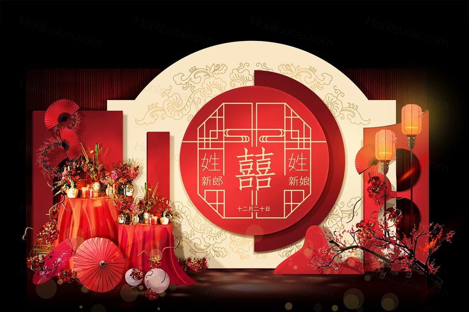 喜字logo红色婚礼设计效果图PS源文件素材KT制作喷绘背景源文件-婚礼素材网