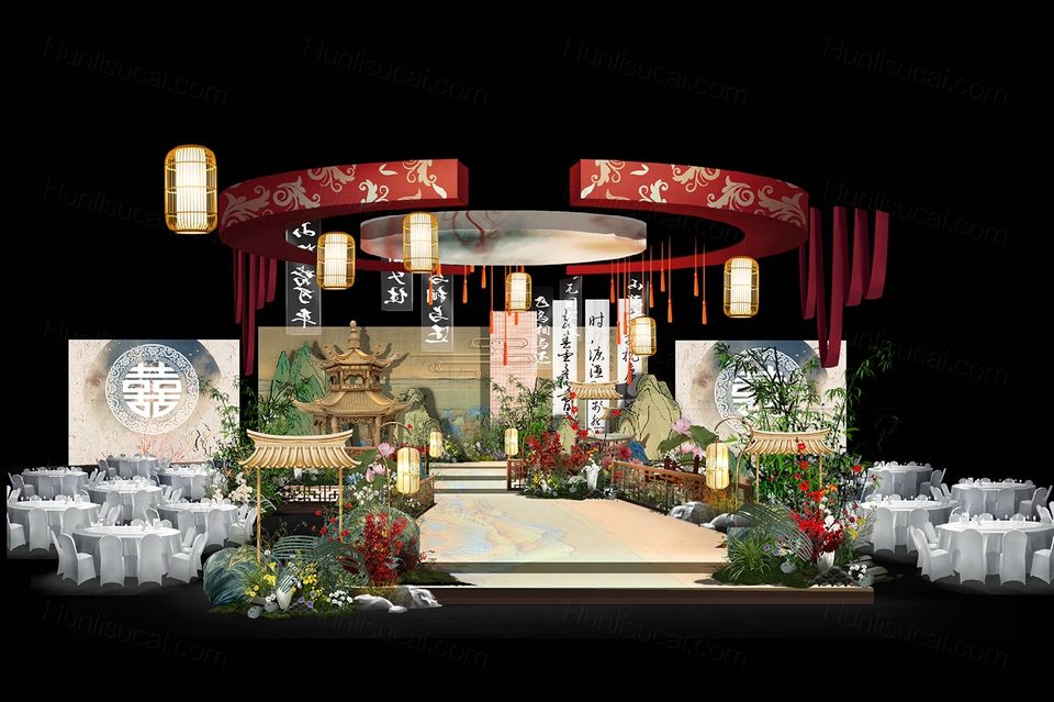 绿色青山国画背景国潮风格新中式古典喜庆婚礼设计效果图素材-婚礼素材网