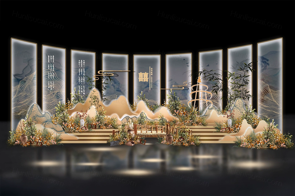 香槟色高端创意透明屏风中式中国风婚礼设计效果图素材psd-婚礼素材网