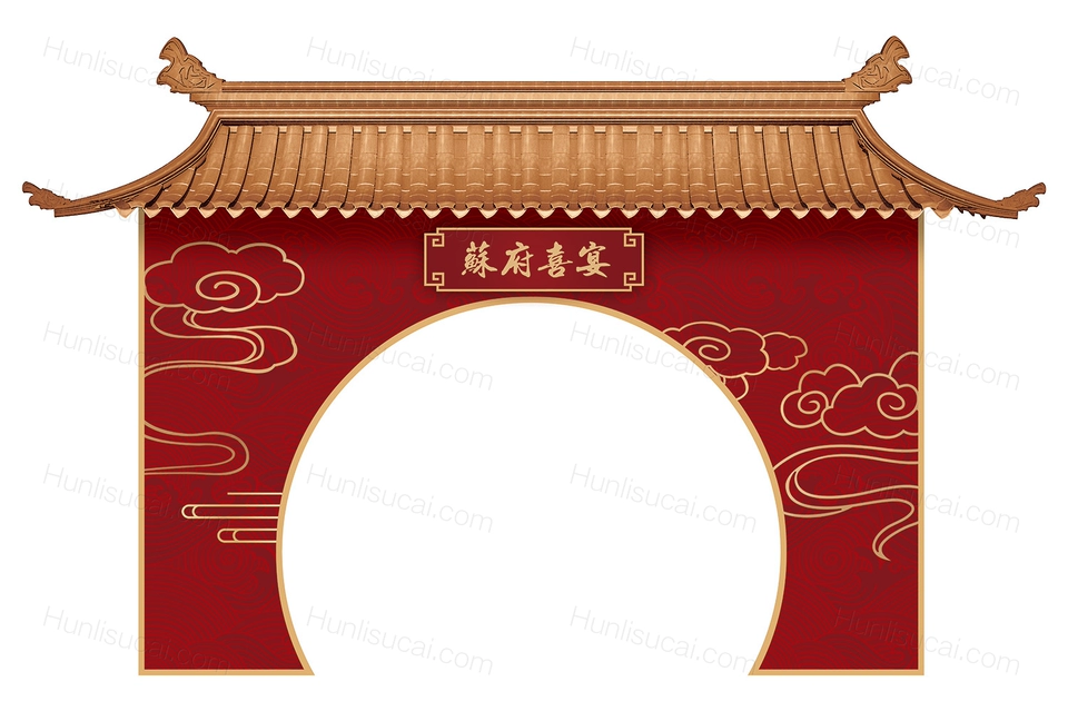国潮红蓝cp色新中式婚礼背景psd源文件交接区屋檐素材效果图道具-婚礼素材网