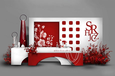 红白色撞色风格秀场风法式小香风婚礼设计舞台效果图素材psd-婚礼素材网