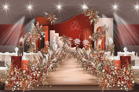 莫兰迪橘色砖红色泰式婚礼设计婚庆舞台展示区效果图背景素材-婚礼素材网