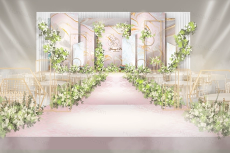 粉色小清新风格大理石鎏金时尚背景婚礼设计背景喷绘素材效果图-婚礼素材网