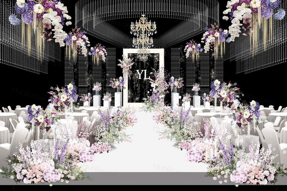 粉色系婚礼吊顶水晶珠帘粉紫色花艺素材PSD源文件效果图设计-婚礼素材网