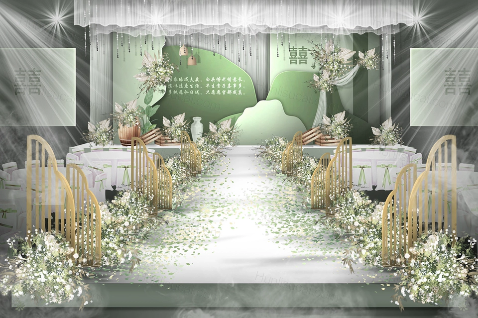 绿色小众独特高端新中式婚礼设计效果图背景方案喷绘素材psd-婚礼素材网