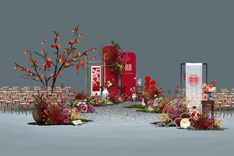 酒红色新中式喜庆南洋风高端简约婚礼设计效果图素材psd源文件-婚礼素材网