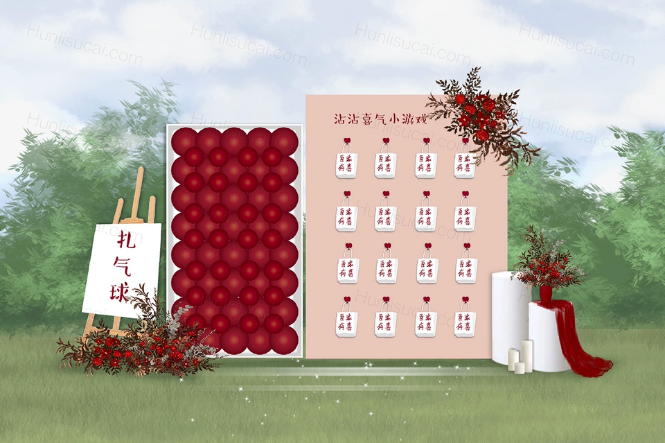 红白色新中式户外草坪婚礼设计效果图背景方案素材psd源文件-婚礼素材网