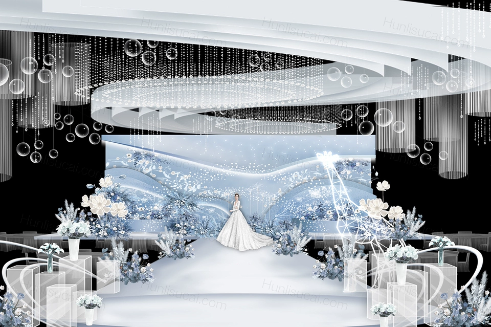 浅蓝色白色花瓣创意现代布艺水晶吊顶婚礼设计效果图素材psd-婚礼素材网