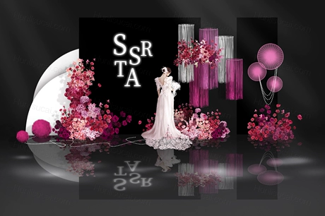 韩式玫红色布幔水晶珠帘悬吊式天花板小众婚礼设计素效果图psd-婚礼素材网