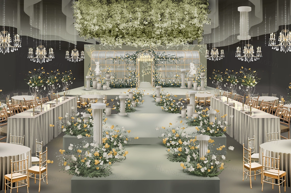 淡绿色高端欧式小清新森系创意婚礼设计婚庆背景效果图素材psd-婚礼素材网