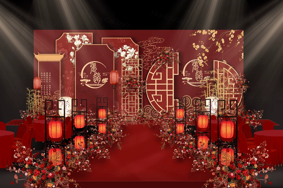 小预算红金新中式婚礼效果图红色中式婚礼背景素材舞台PSD源文件-婚礼素材网