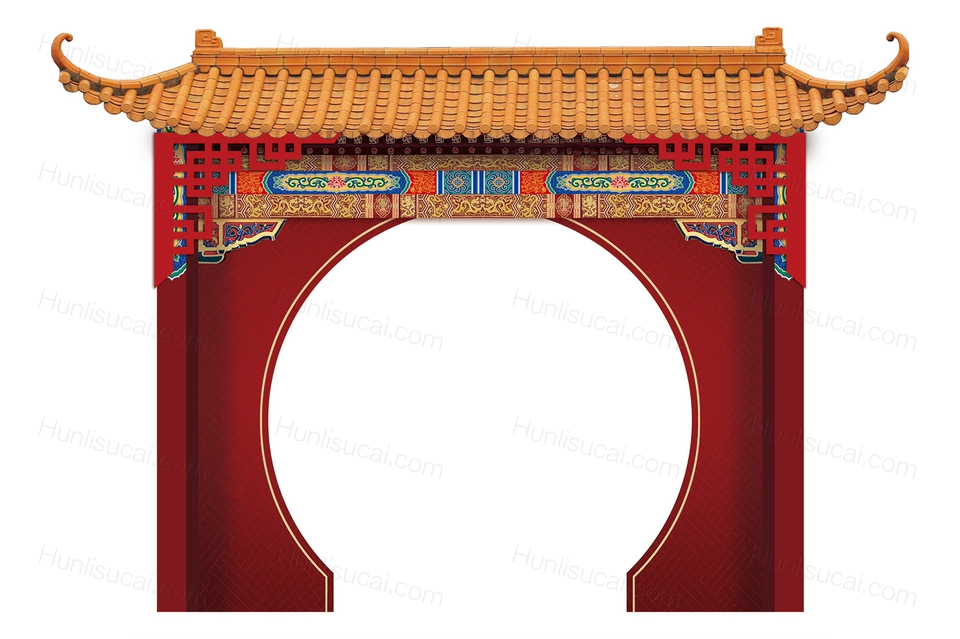 国潮红蓝cp色新中式婚礼背景psd源文件交接区屋檐素材效果图道具-婚礼素材网