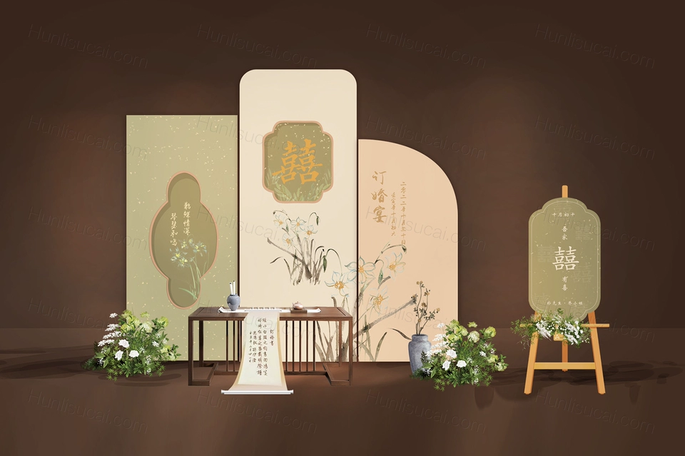 南洋风新中式订婚宴背景牛油果绿色生日订婚求婚迎宾牌水牌素材-婚礼素材网