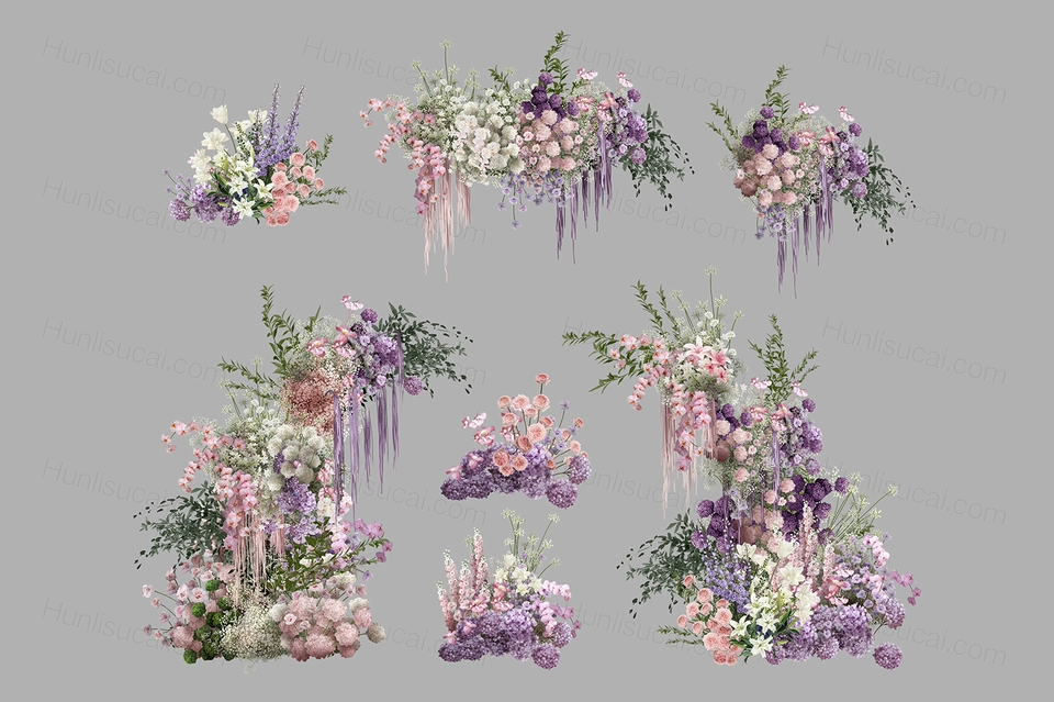 婚礼花艺素材白绿粉紫色花艺素材蓝紫色户外油画花艺式效果图素材-婚礼素材网