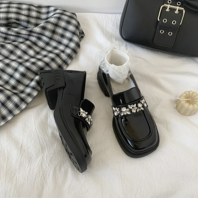taobao agent Rough heel high heel British leather shoes thick sole rhinestone French retro Japanese jk black single shoes Maryzhen women's shoes