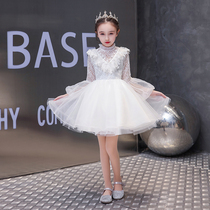 Girls birthday evening dress Princess dress white gauze dress childrens piano performance flower girl wedding dress puffy gauze foreign Spring