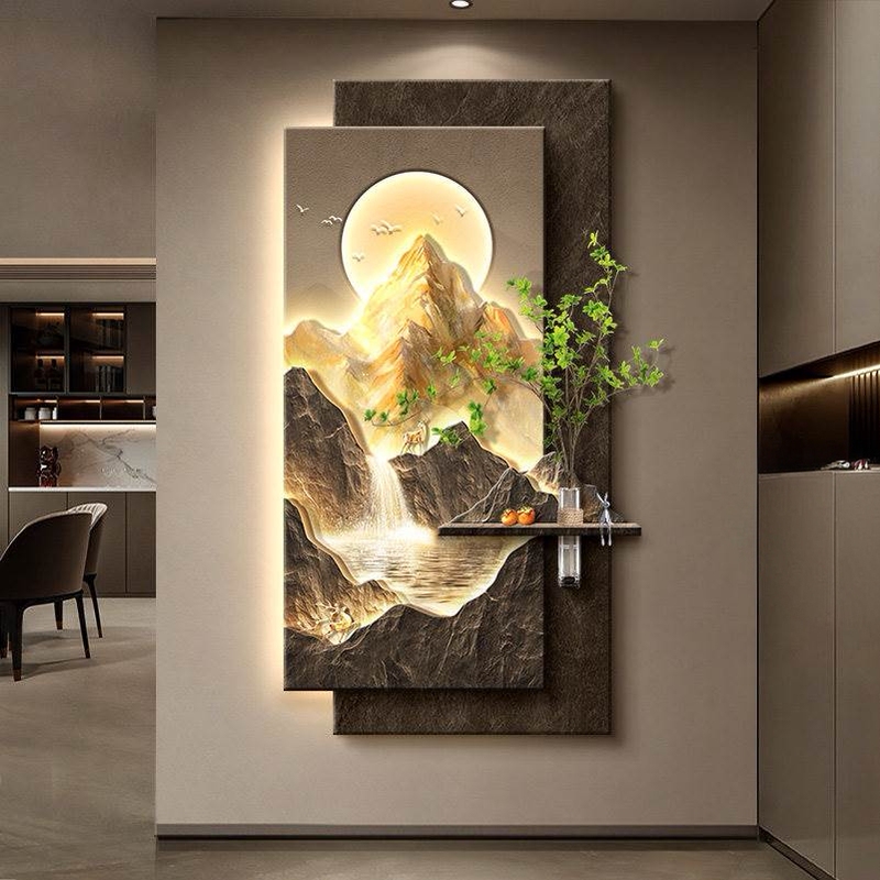 Light Luxury Entrance Hall Decorative Painting, Sunlight Shining on the Golden Mountain, Corridor Wall Art, New Chinese Style, Wall Lamp Facing the Door