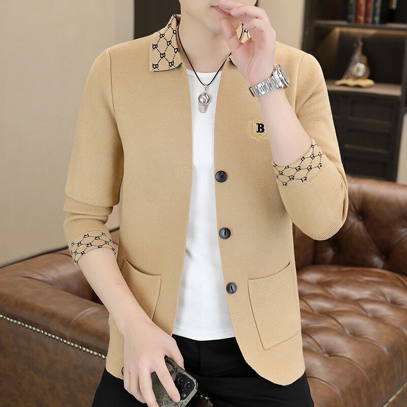 European Slim-Fit Suit for Men, Knitted Blazer, European Style Spring and Autumn High-End Embroidered Jacket, Korean Style Cardigan Coat