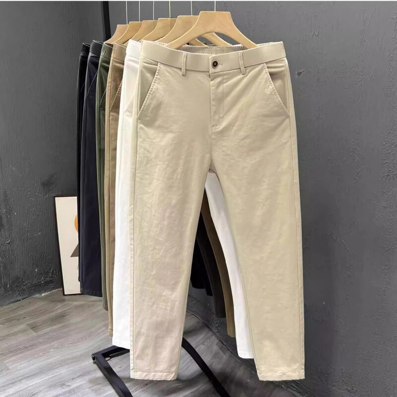 Summer Thin Pure Cotton Straight-Leg Casual Pants for Men, Nine-Point Pants, Slightly Tapered Trendy Loose Men's Pants, 9-Point Light Khaki Pants