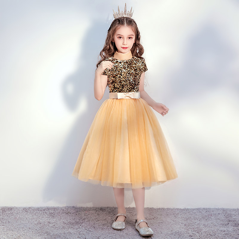 Golden Girl Gown Princess Dresses Dresses Big Boy Walking Show Host Ocean Air Evening Gown Children Piano out for autumn 