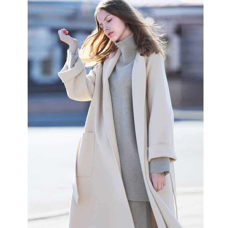 AMII Rõ ràng Minimalist Hàn Quốc phiên bản Chic Albaca len hai mặt Coat Coat Xuân Loose dài