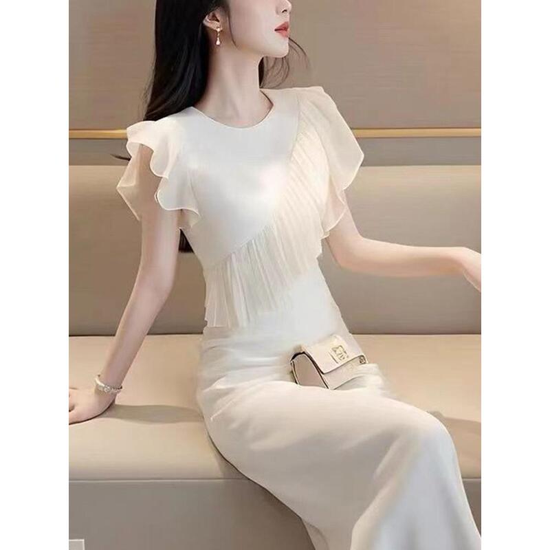 Western-Style, Unique and Beautiful White Chiffon Patchwork Dress, Summer Niche, Non-Contrasting Style, Beautiful Long Dress for Women