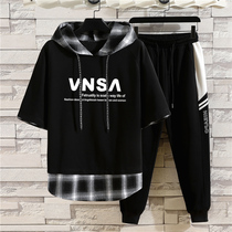 Summer Tide Boy Clothing Great Boy Short Sleeve Suit Handsome Gas Junior High School Sports Two Sets 13-15-Year-Old Tide Card T-shirt Summer Dress