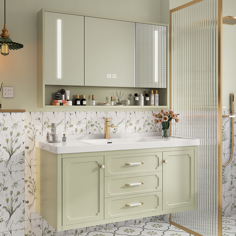 French smart solid wood bathroom cabinet combination washstand wash basin cream green bathroom mirror cabinet ceramic integrated basin