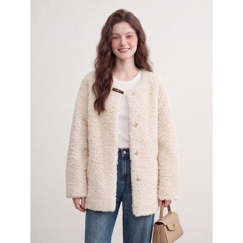 Hanhuiyu Creamy White Plush Coat Mid-Length Teddy Bear Eco-Friendly Faux Fur Warm Lamb Wool Coat