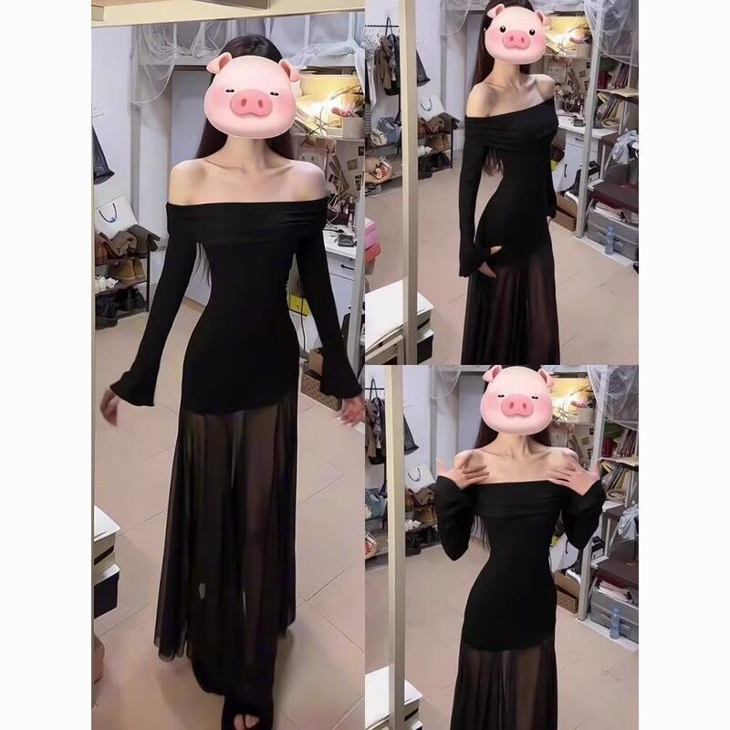 Black Mesh Patchwork Off-Shoulder Dress for Women, Autumn Pure and Alluring Style, Petite Slim-Fit Long Dress