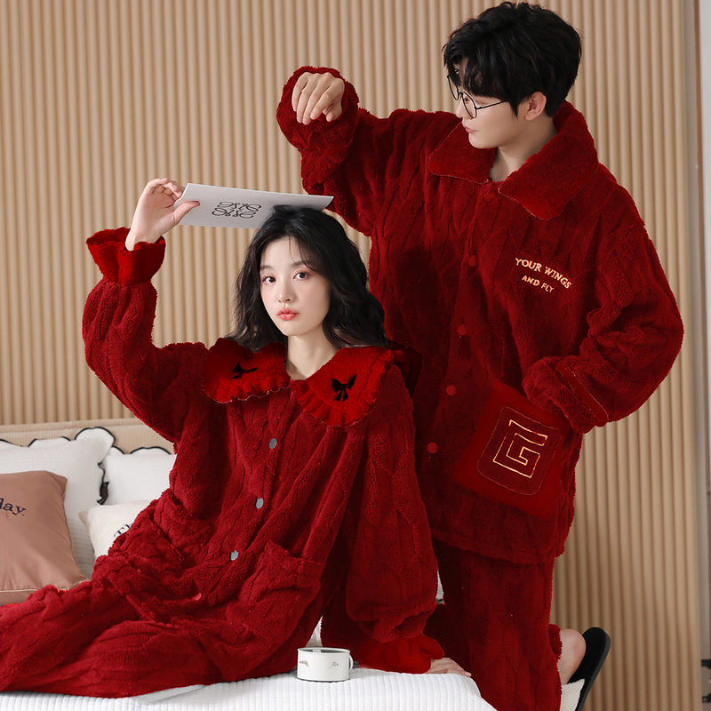 Urban Beauty Coral Velvet Couple Pajamas Autumn and Winter Fleece-Lined Thickened Wedding New Marriage Set Bright Red Autumn and Winter Style Urban Beauty Coral Velvet Couple Pajamas Autumn and Winter Fleece-Lined Thickened Wedding New Marriage Set Bright Red Autumn and Winter Style