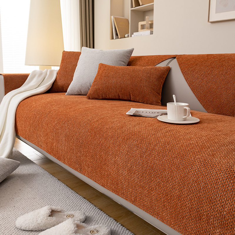 Hermès Orange Sofa Cushion, Suitable for All Seasons, Chenille Solid Color Leather Seat Cushion, Non-Slip Sofa Cover Cloth