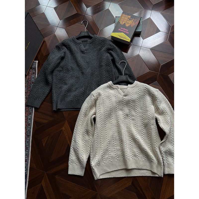 Mancher Simple Small V-Neck Textured Cable Knit Lazy Style Unisex Wool Knit Sweater