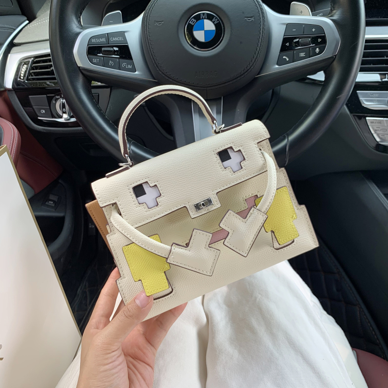 Second-Generation Kelly Bag, High-End Genuine Leather Mosaic Smiley Face Mini Handbag for Women, 2026 New Summer Commuter Bag