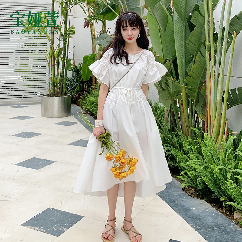 Pregnancy Woman Dress Dress 2021 New Fashion Minus age Lean Tide Hot Mother Medium Long version of trumpeter sleeves Pumping Rope Foreign Dress