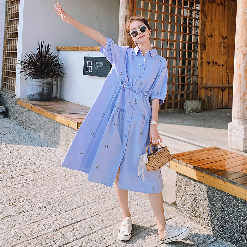 Summer Korean version Large size Pregnancy Blue Embroidered Pregnant pregnant woman High end pregnant woman High-end Breastfeeding Shirt Skirt