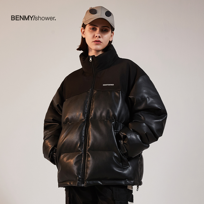 BENMYSHOWER national tide cotton clothes men's Tide brand PU leather jacket new coat bread loose cotton padded jacket couples