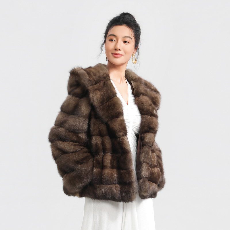 Bello Fur S126317 Russian Sable 4+ Starry Luxury Hooded Fashion Versatile Fur Coat