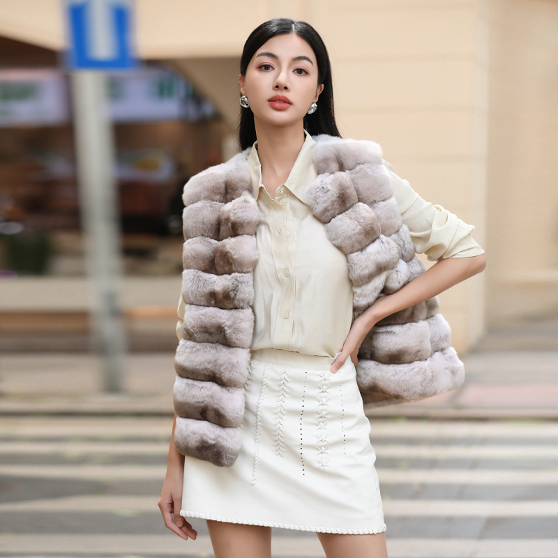 Bello Fur C22512 Apricot Xxxd Blue-Purple Cappuccino Chinchilla Fur Round Neck Vest for Women