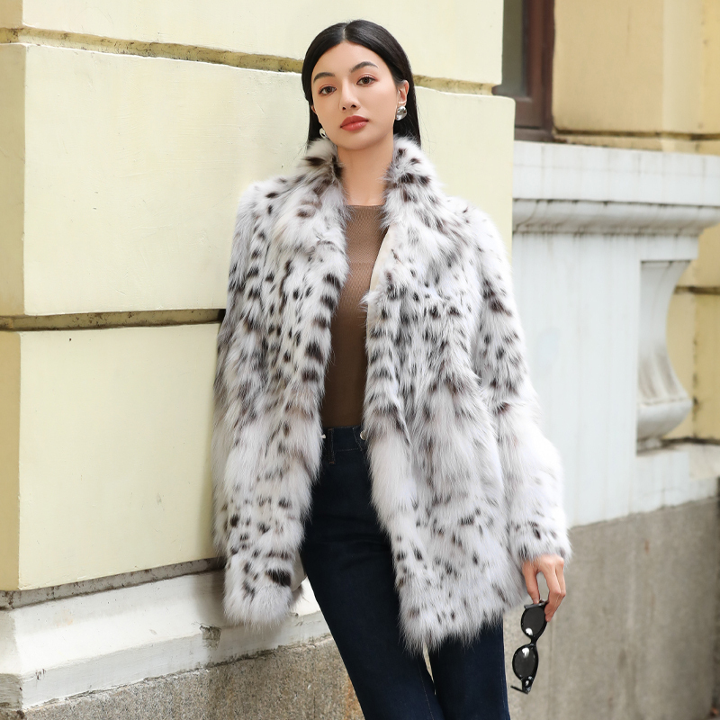 Bello Fur L22593 Pure White C1 Lynx Cat Stand Collar Warm Winter Fashionable Fur Coat for Women