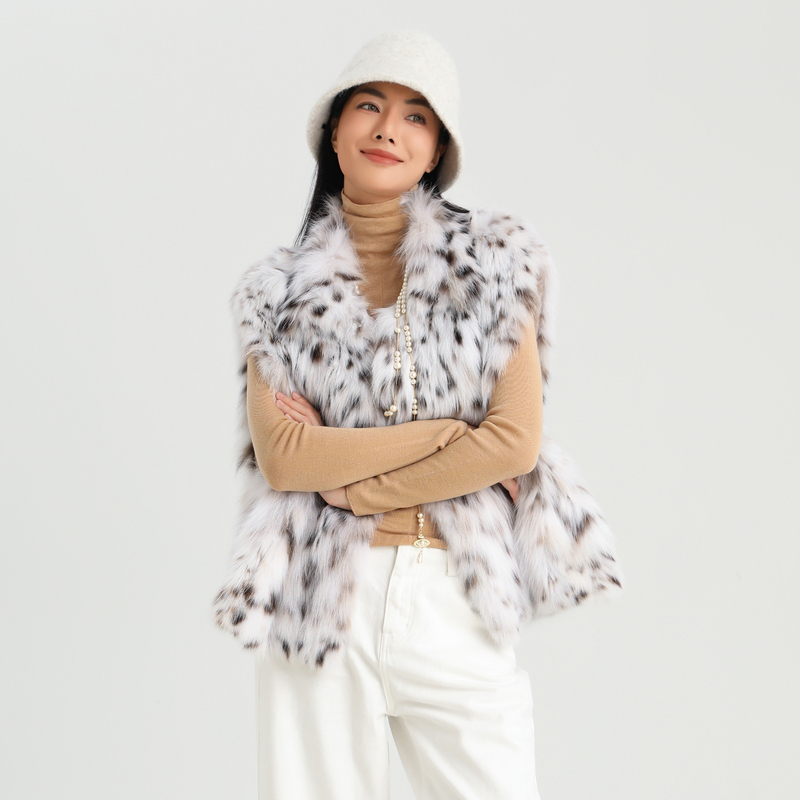Bello Fur L225206 Pure White Imported Lynx Cat Wide Shoulder Sleeveless Slimming Fur Vest Jacket