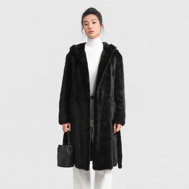Bello Fur M126310 Copenhagen Mink Black Long Hooded Woven Fur Coat for Women